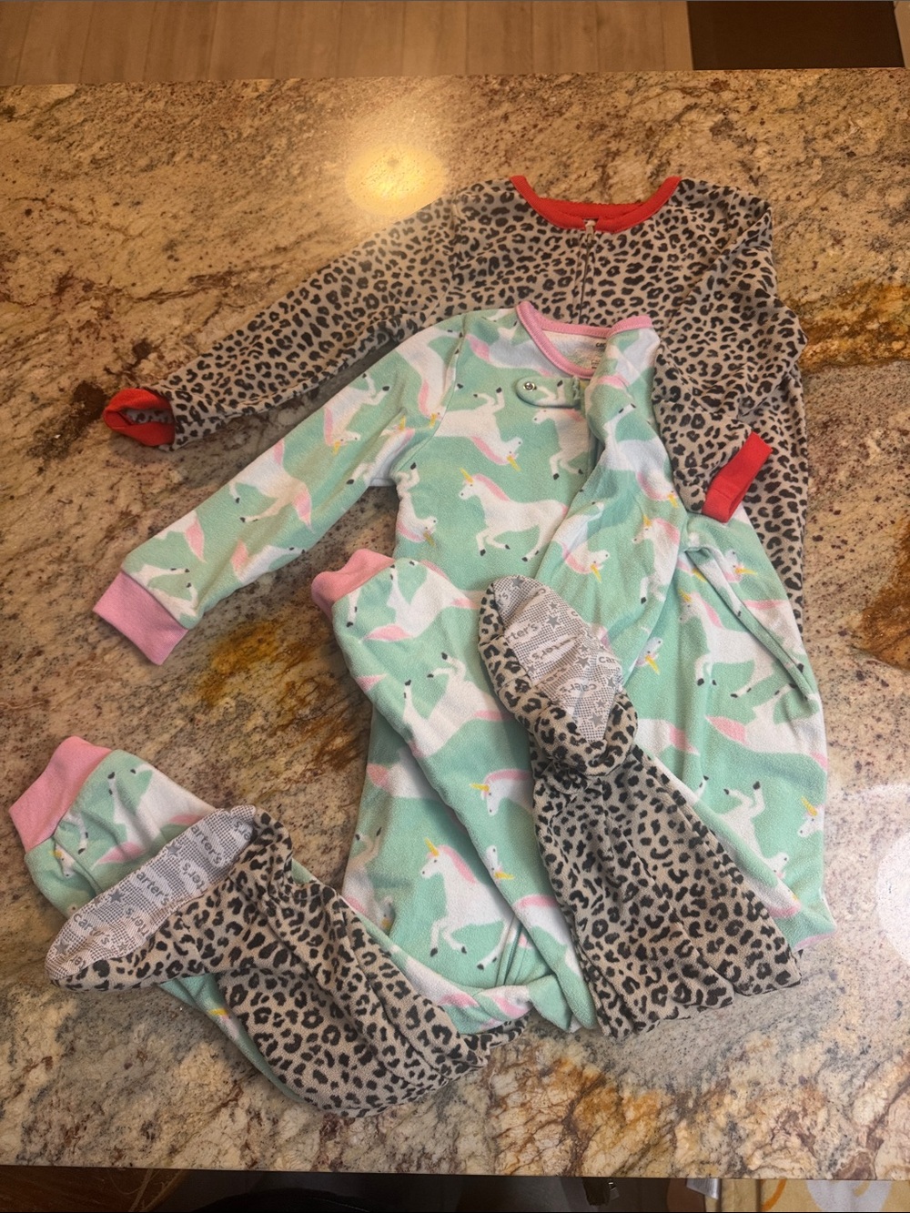 Girls Unicorn & Leopard Print Footed Pajama Set - Mint, Pink, Tan